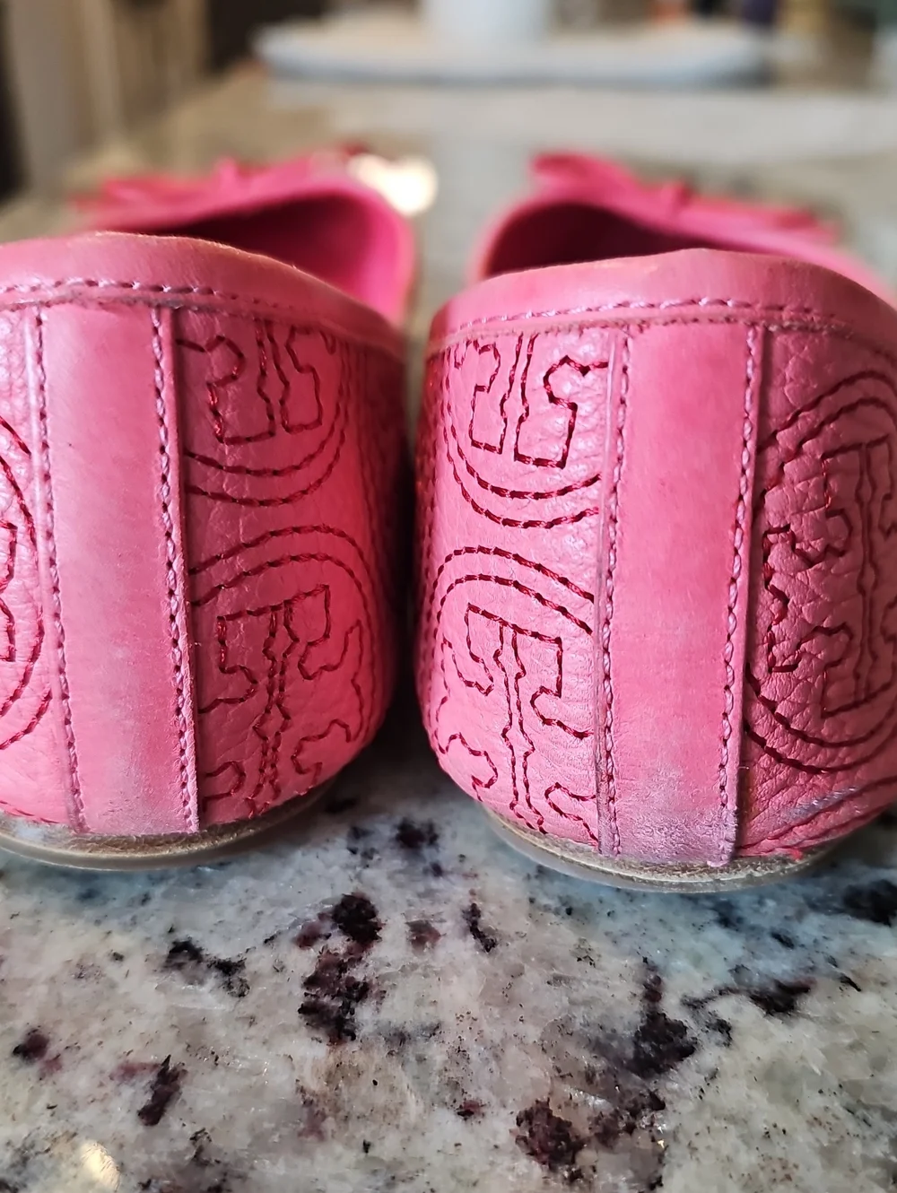 Tory Burch Pink Embossed Logo Bow Ballet Flats with Gold Medallions